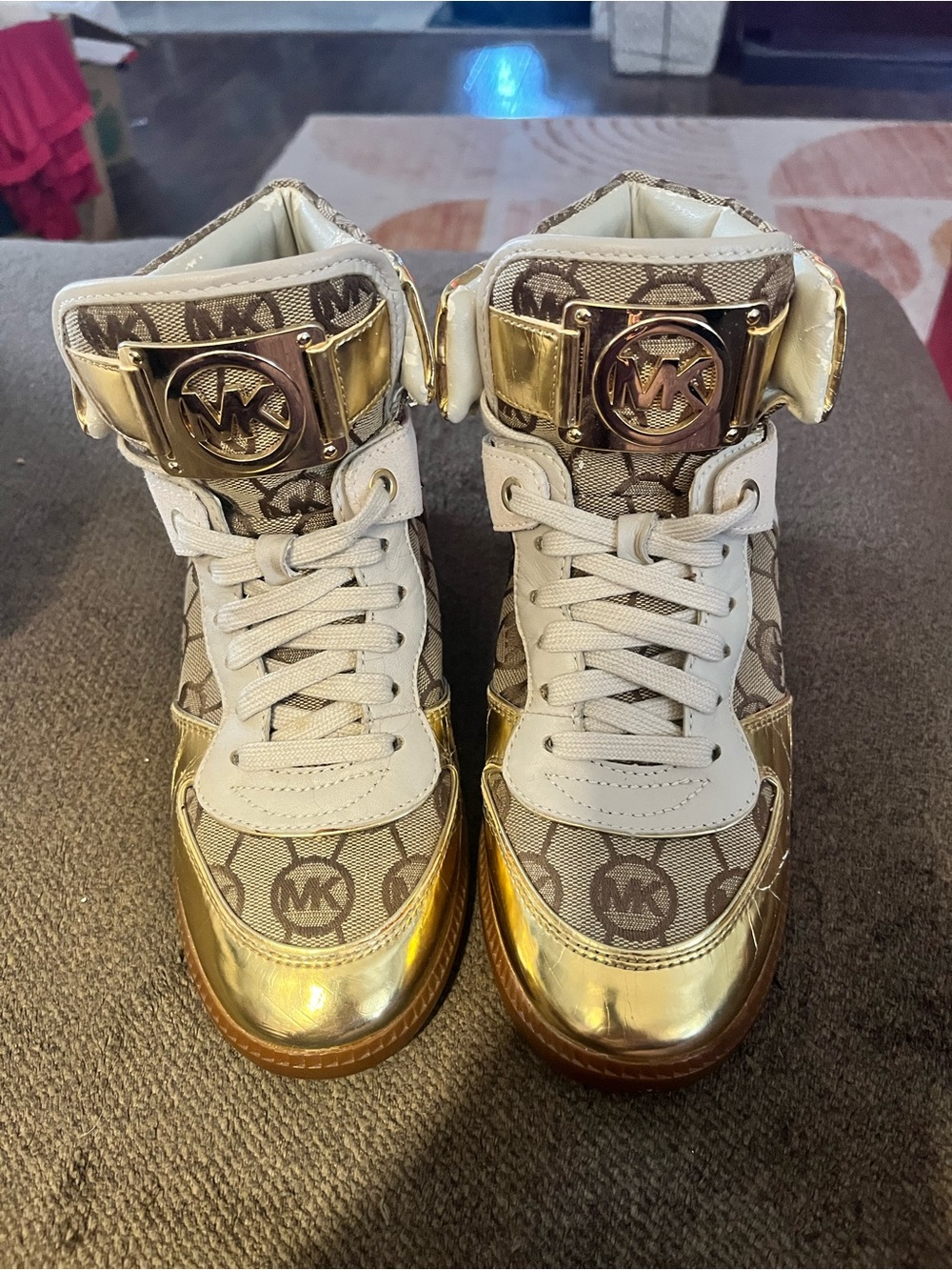 Michael Kors Women Gold, Brown and White High-Top Sneakers